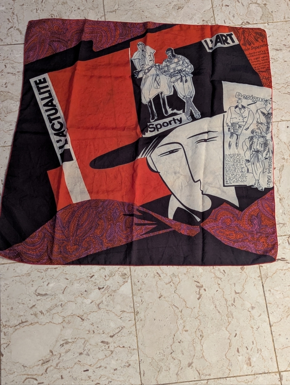 Vintage Graphic Art Scarf in Red, Black & Cream